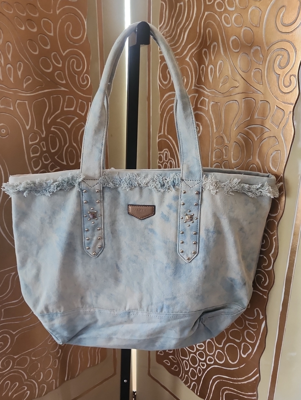Light Blue Denim Tote Bag with Studded Straps